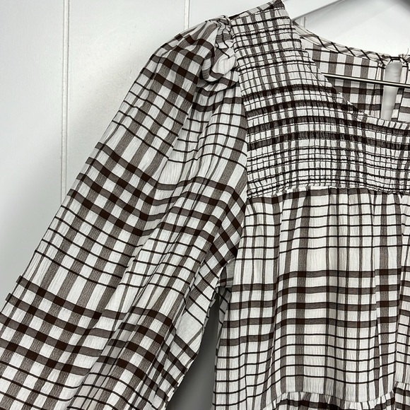 Womens Brown & White Plaid Dress Pullover Smocking Lined Tier Ruffles No Tags - Picture 3 of 14